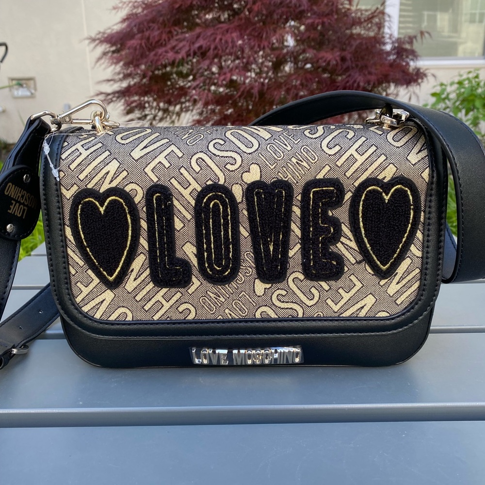 Love Moschino Black and Beige 'LOVE' Embroidered Crossbody Bag